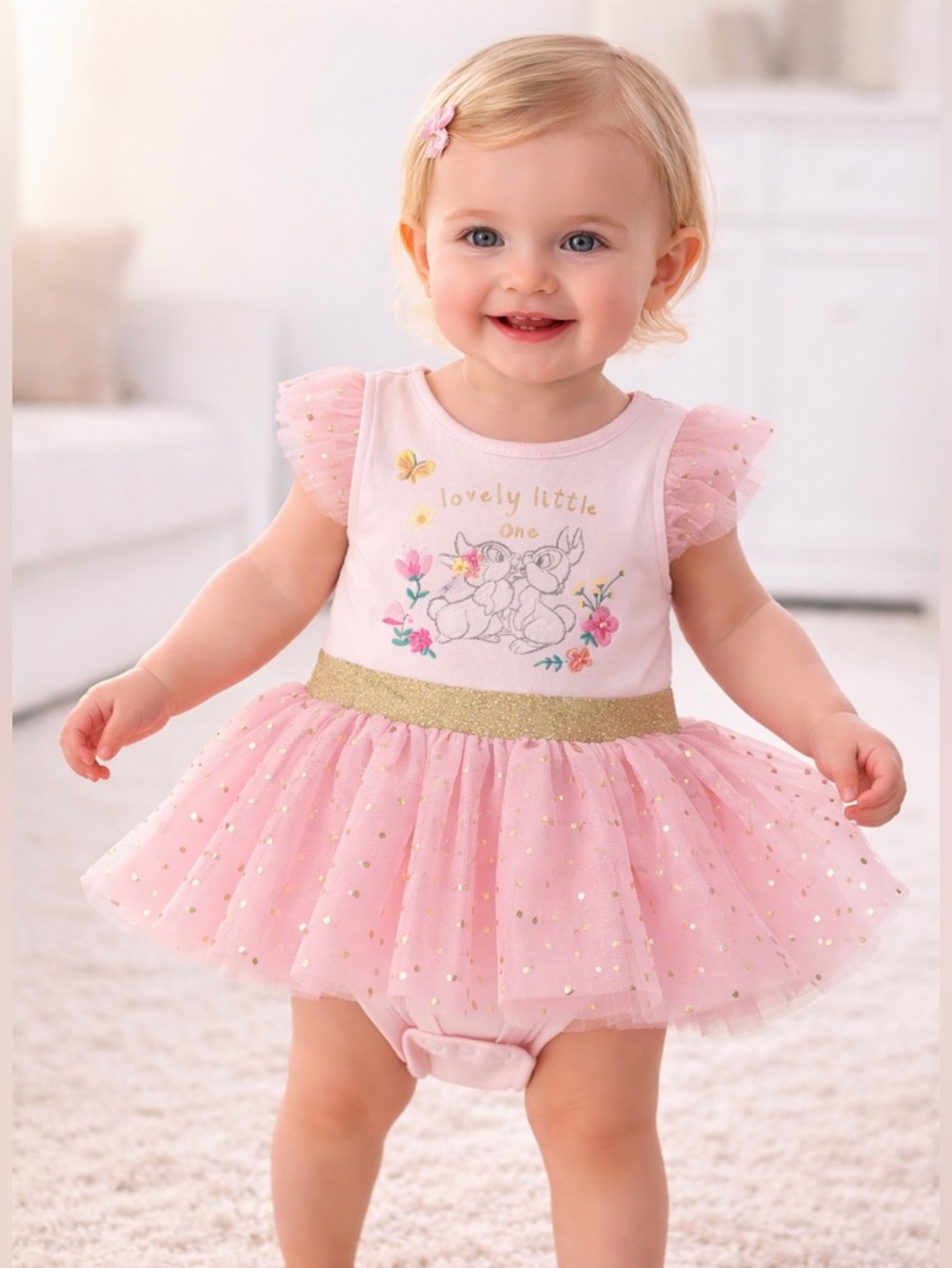 Disney Pink Baby Dress with Attached Tutu, Embroidery, and Gold Accents